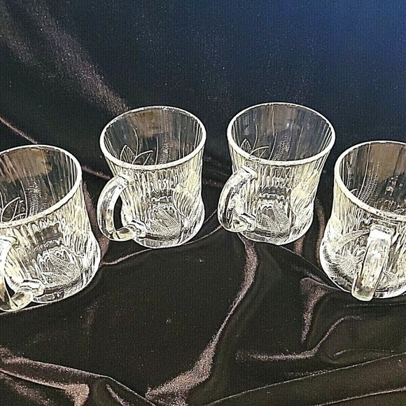 Arcoroc FRANCE Canterbury Crocus Glass Mugs Cups Coffee Tea Embossed 4” Set Of 4 - Picture 2 of 7